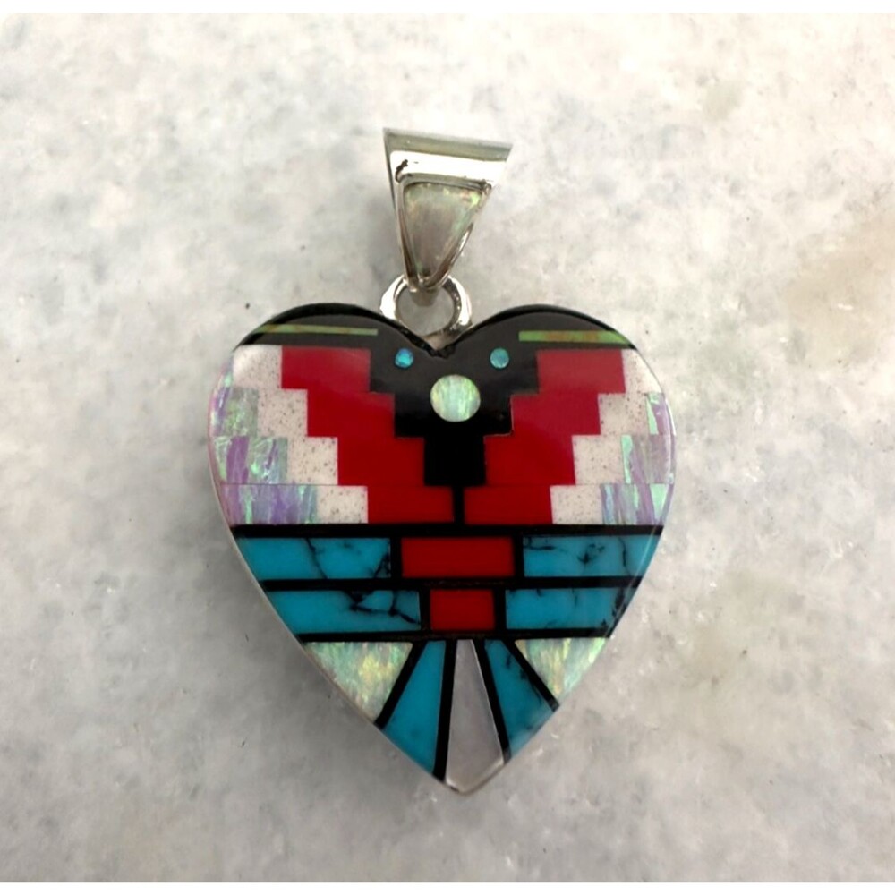 Southwestern Sterling Silver 925 Handmade Navajo Micro Gem Inlay Heart Pendant
